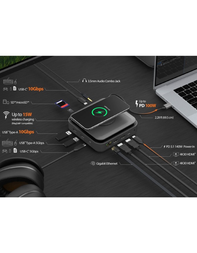 j5create Dock USB-C Dual Display 4K MST MacBookM3 HDMI/RJ45/SD/USB/PD + Wireless Charger + 140W PSU UK JCD3199P