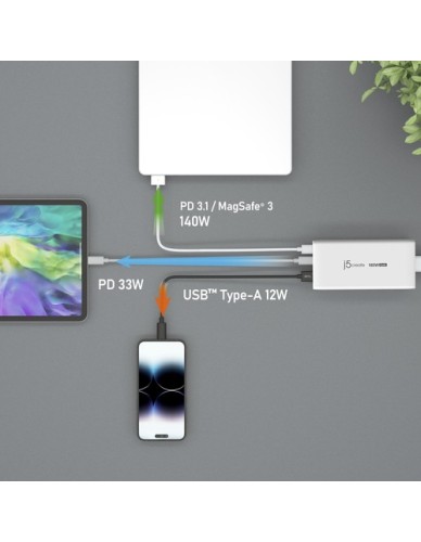j5create 185W Laptop GaN Charger PD3.1 2xUSB-C/1xUSB-A (UK Plug) JUP37185W