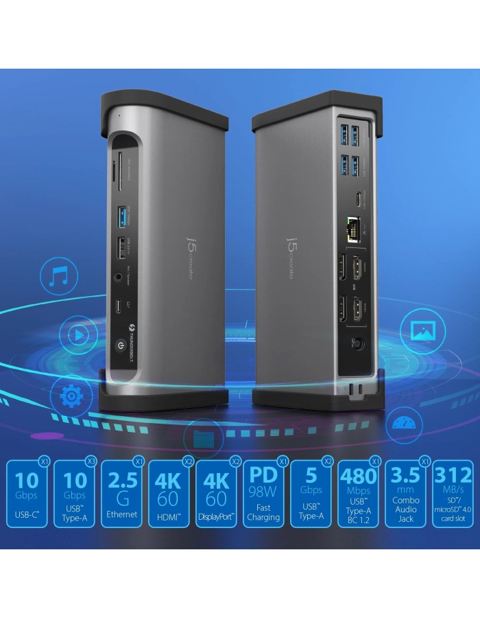 j5create Thunderbolt 4 Docking Station 15-in-1 Supports 4 x 4K Displays 10Gbps with 135W PSU JTD568 j5create Thunderbolt 4 Docking Station 15-in-1 Supports 4 x 4K Displays 10Gbps with 135W PSU JTD568
