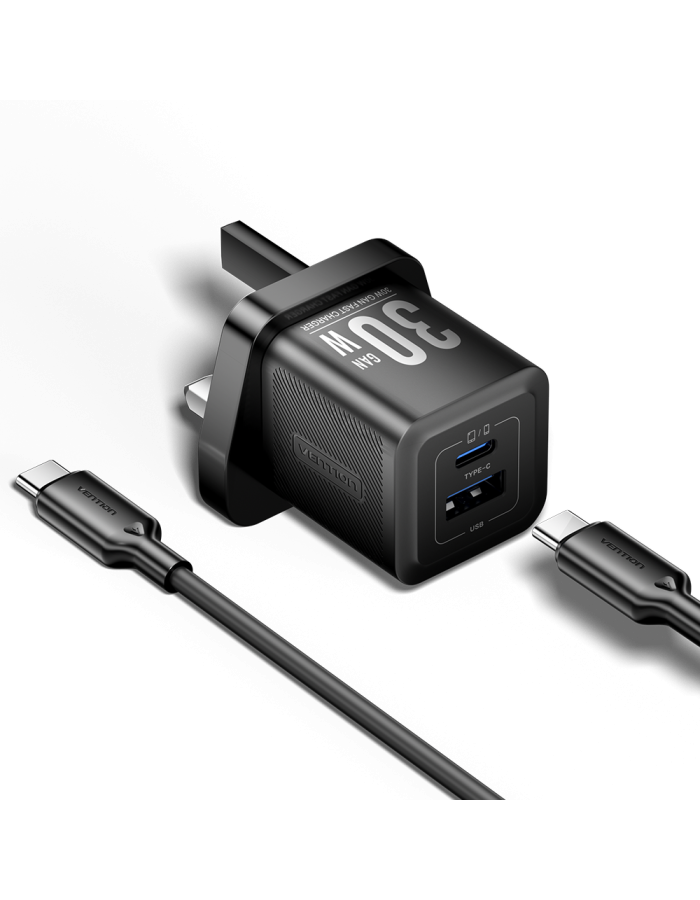 Vention Charger Wall GaN 30W 1xA 1xC+USBC Cable Black TZ-FEQB0-UK-01
