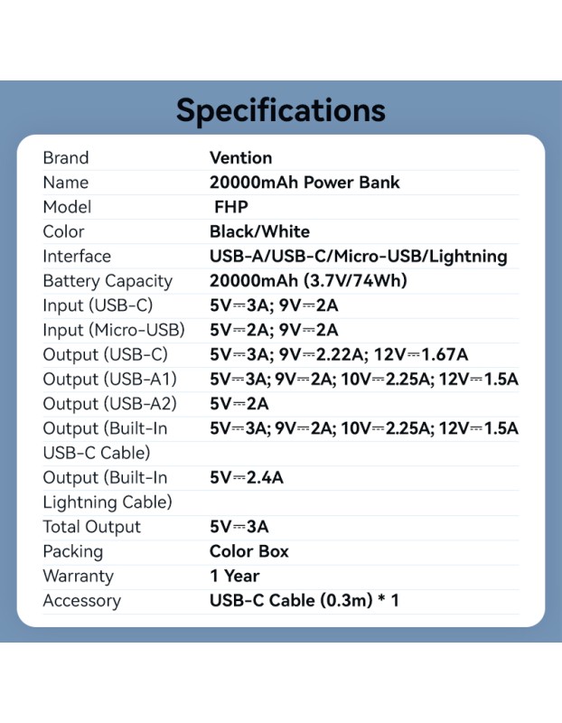 Vention Powerbank 20000mAh 22.5W Built-in USBC+Lighting Black FHPB0 Vention Powerbank 20000mAh 22.5W Built-in USBC+Lighting Black FHPB0