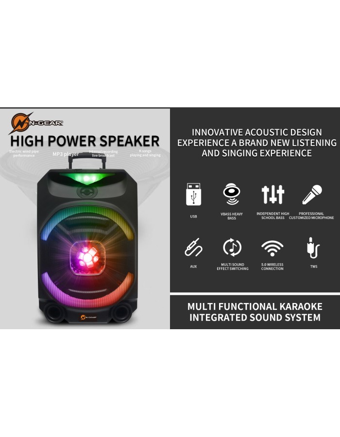 N-Gear FLASH1550 15'' Portable Karaoke Disco Speaker with Wireless Mic BT USB & LED Effects