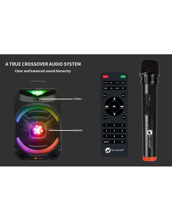 N-Gear FLASH1550 15'' Portable Karaoke Disco Speaker with Wireless Mic BT USB & LED Effects
