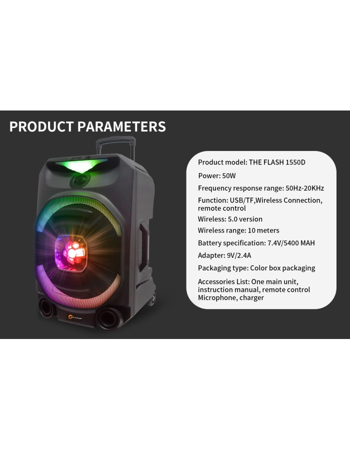 N-Gear FLASH1550 15'' Portable Karaoke Disco Speaker with Wireless Mic BT USB & LED Effects