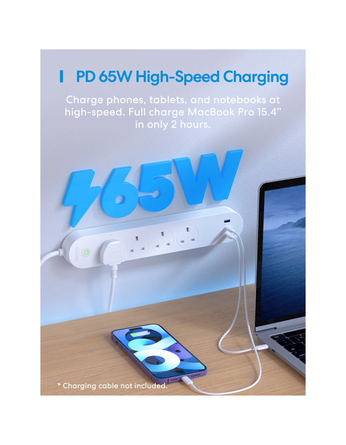 Meross Smart WiFi Powerstrip 4x AC sockets 1xUSB-A 2xUSB-C 65W 1.8m MSP843PHK-UK Meross Smart WiFi Powerstrip 4x AC sockets 1xUSB-A 2xUSB-C 65W 1.8m MSP843PHK-UK
