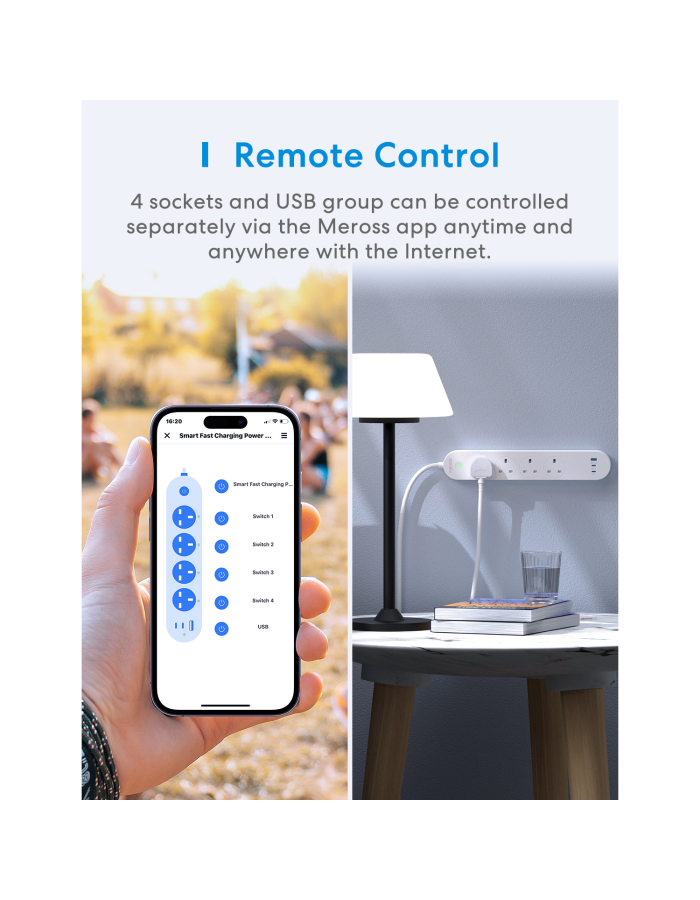 Meross Smart WiFi Powerstrip 4x AC sockets 1xUSB-A 2xUSB-C 65W 1.8m MSP843PHK-UK Meross Smart WiFi Powerstrip 4x AC sockets 1xUSB-A 2xUSB-C 65W 1.8m MSP843PHK-UK