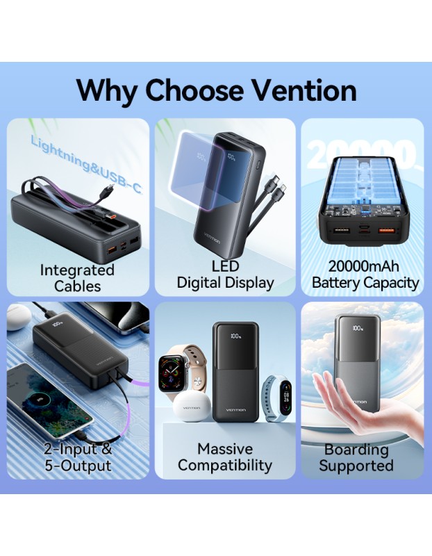 Vention Powerbank 20000mAh 22.5W Built-in USBC+Lighting Black FHPB0 Vention Powerbank 20000mAh 22.5W Built-in USBC+Lighting Black FHPB0