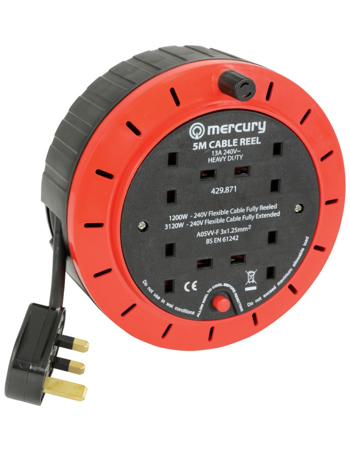 Mercury 4-Gang Power Extension Retractable Reel 5.0m 429.871UK Mercury 4-Gang Power Extension Retractable Reel 5.0m 429.871UK