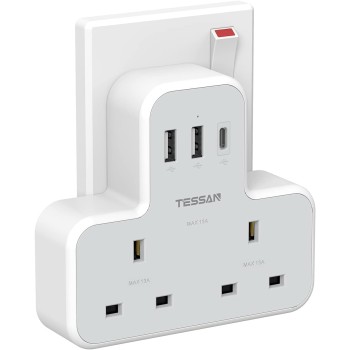 Tessan 2-Gang plug Through UK Charger 2 USB A USB C 13A TS-221-C