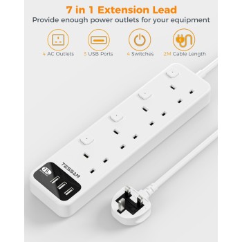 Tessan 4-Gang Extension 3 USB-A 2m 13A TS-B204 Tessan 4-Gang Extension 3 USB-A 2m 13A TS-B204
