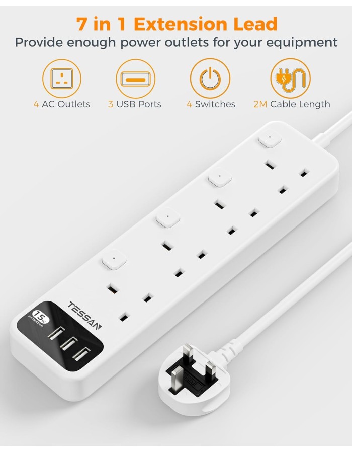 Tessan 4-Gang Extension 3 USB-A 2m 13A TS-B204 Tessan 4-Gang Extension 3 USB-A 2m 13A TS-B204