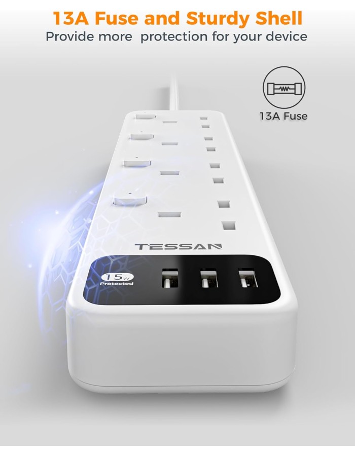 Tessan 4-Gang Extension 3 USB-A 2m 13A TS-B204 Tessan 4-Gang Extension 3 USB-A 2m 13A TS-B204