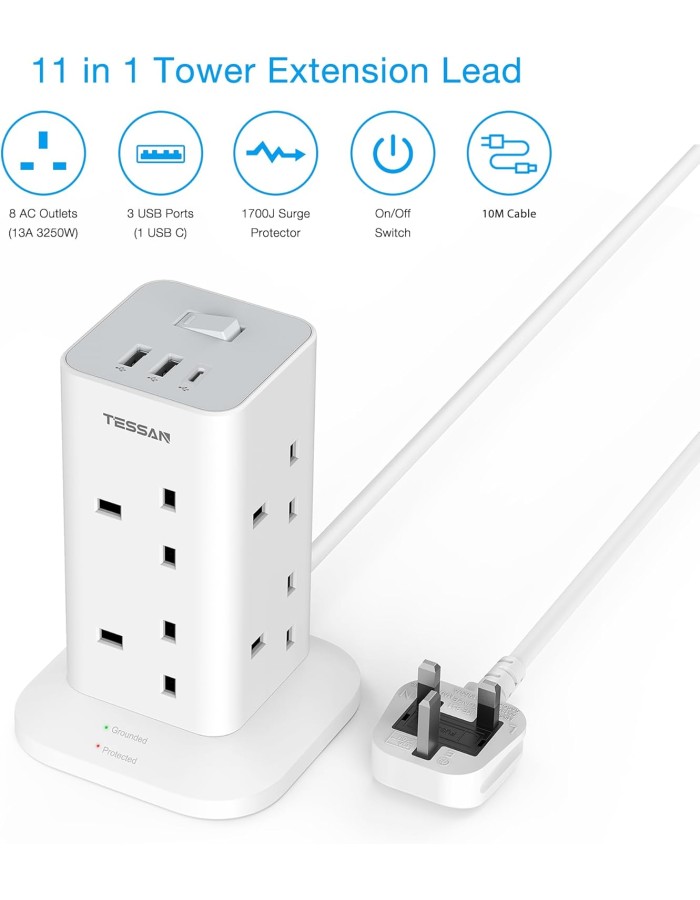 Tessan 8-Gang Extension 2 USB-A USB C 2m 13A TPS03-UK-C