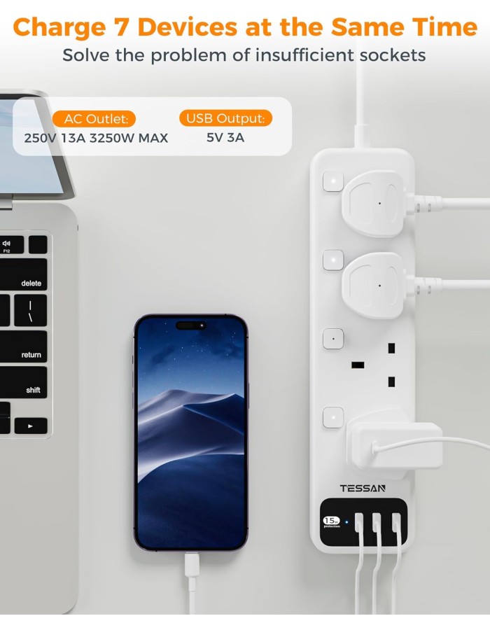 Tessan 4-Gang Extension 3 USB-A 2m 13A TS-B204 Tessan 4-Gang Extension 3 USB-A 2m 13A TS-B204