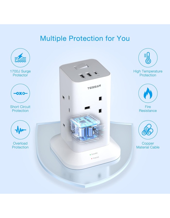 Tessan 8-Gang Extension 2 USB-A USB C 2m 13A TPS03-UK-C