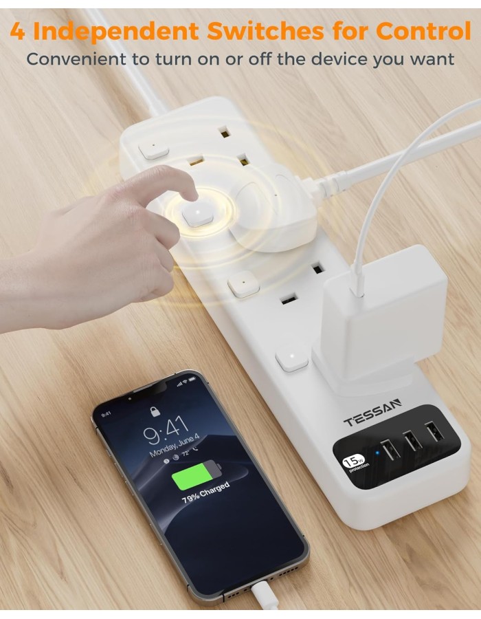 Tessan 4-Gang Extension 3 USB-A 2m 13A TS-B204 Tessan 4-Gang Extension 3 USB-A 2m 13A TS-B204