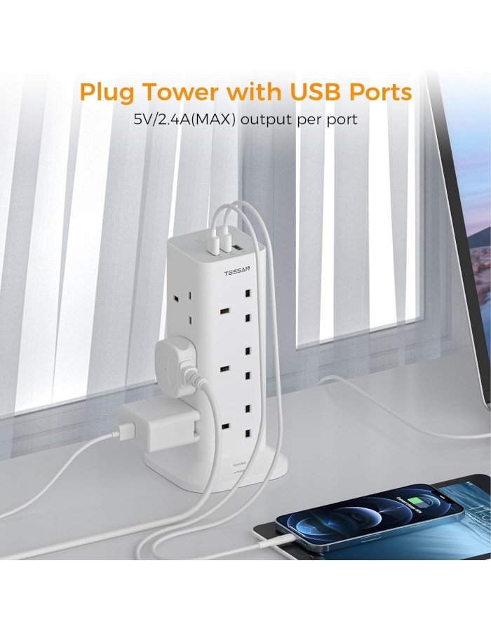 Tessan 12 Gang Extension 3 USB 2m 13A TPS04-UK-C
