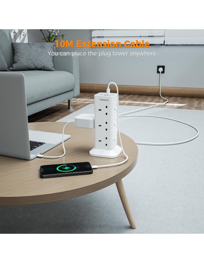 Tessan 12 Gang Extension 3 USB 2m 13A TPS04-UK-C