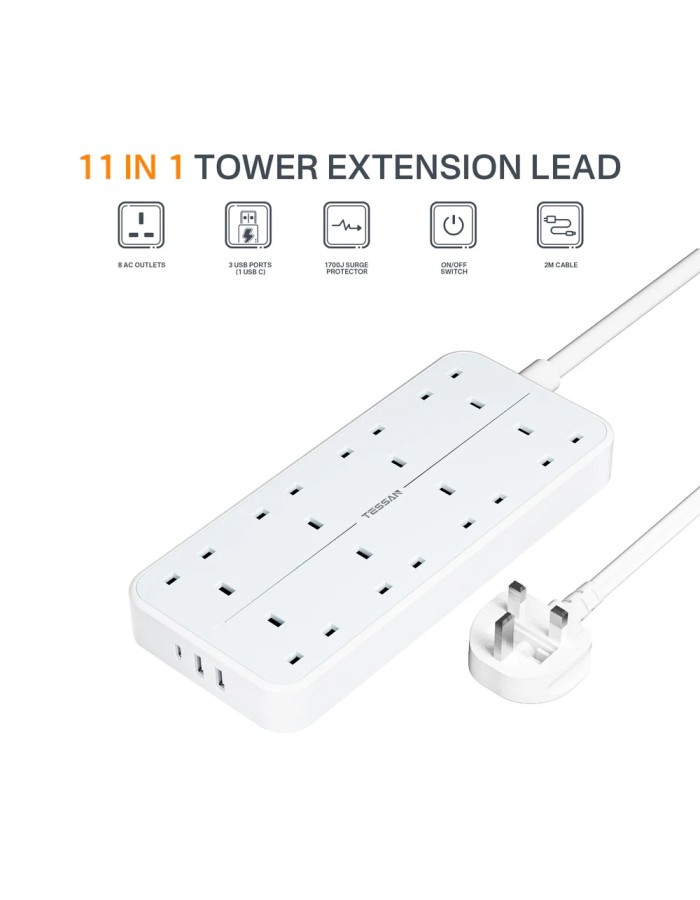 Tessan 8-Gang Extension 2 USB-A USB C 2m 13A TS-204-C