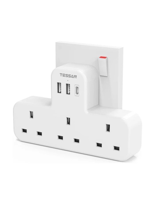 Tessan 3-Gang plug Through UK Charger 2 USB A USB C 13A TS-223-C Tessan 3-Gang plug Through UK Charger 2 USB A USB C 13A TS-223-C