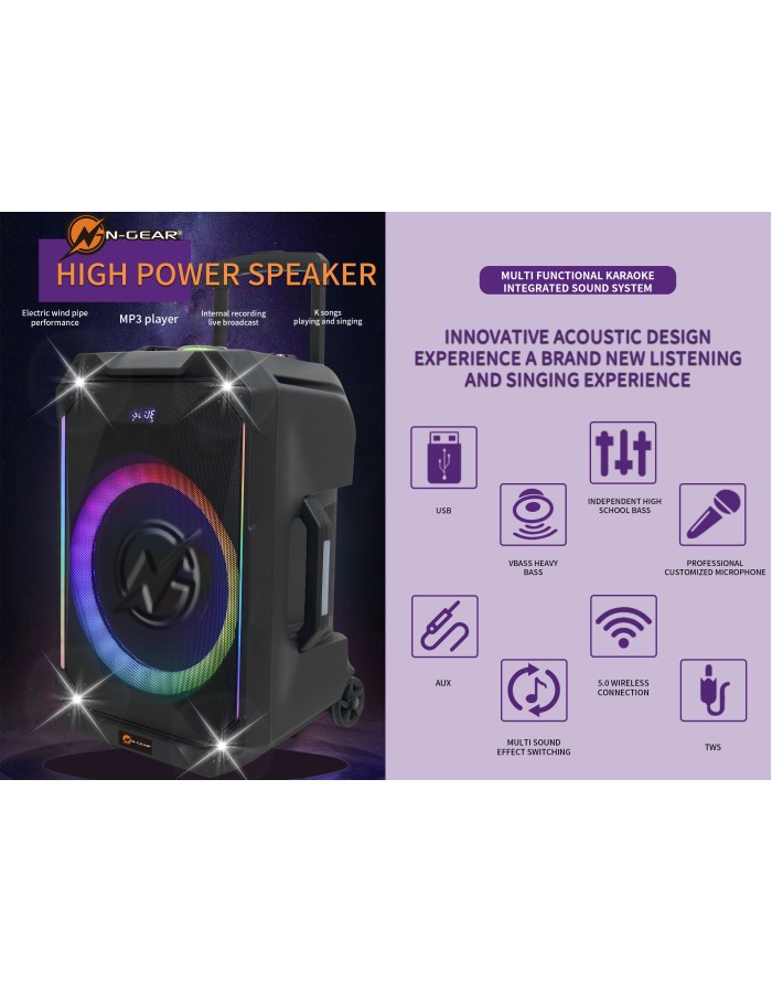 N-Gear FLASH1240 12'' Portable Karaoke Speaker with 1x Wireless Mic LED Lights USB & BT