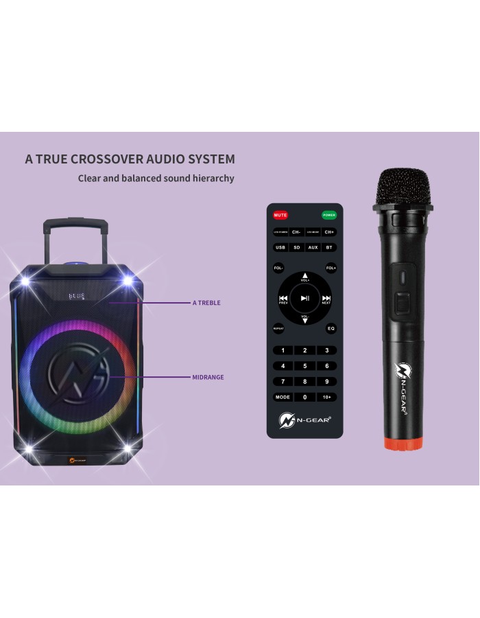 N-Gear FLASH1240 12'' Portable Karaoke Speaker with 1x Wireless Mic LED Lights USB & BT