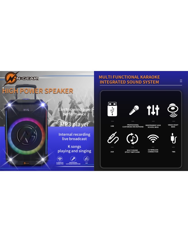 N-Gear FLASH1540 15'' Portable Karaoke Speaker with 1x Wireless Mic LED Lights USB & BT