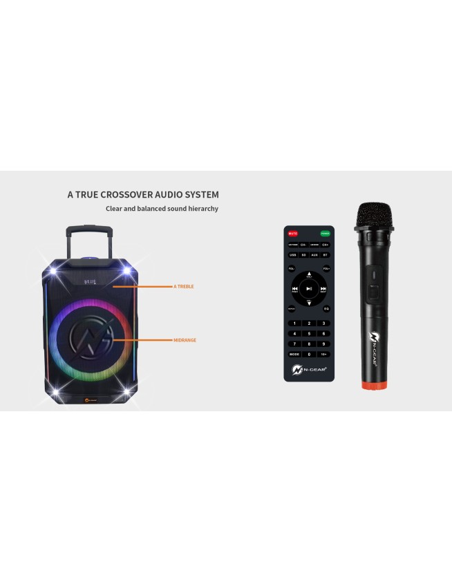 N-Gear FLASH1540 15'' Portable Karaoke Speaker with 1x Wireless Mic LED Lights USB & BT