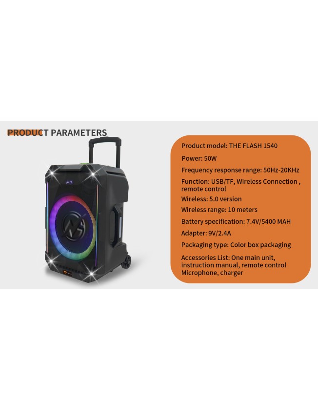 N-Gear FLASH1540 15'' Portable Karaoke Speaker with 1x Wireless Mic LED Lights USB & BT