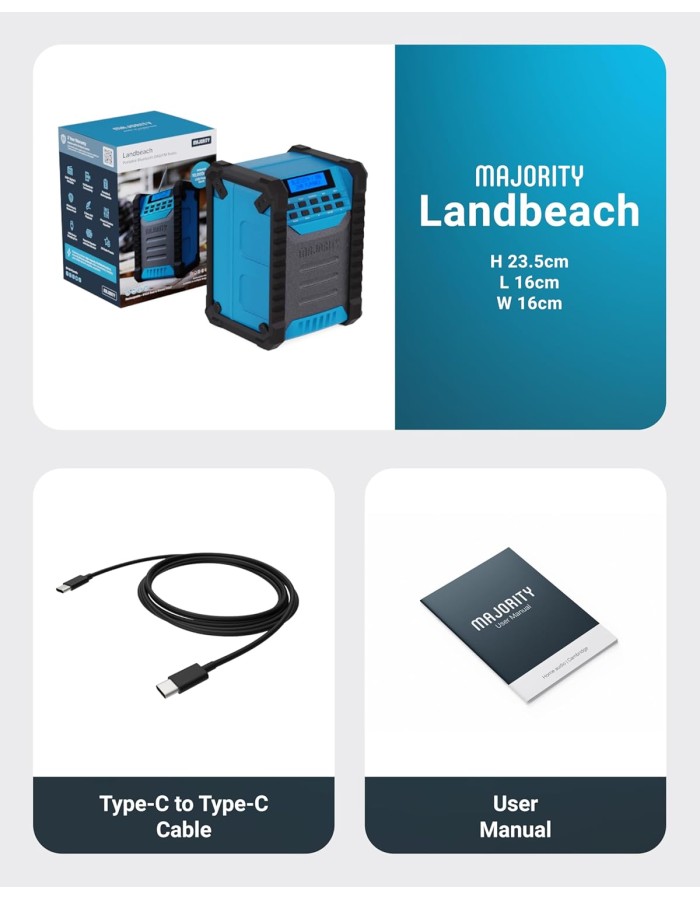Majority LANDBEACH Portable Rugged Speaker FM-BT IP65 Waterproof 20hr Battery with PowerBank function