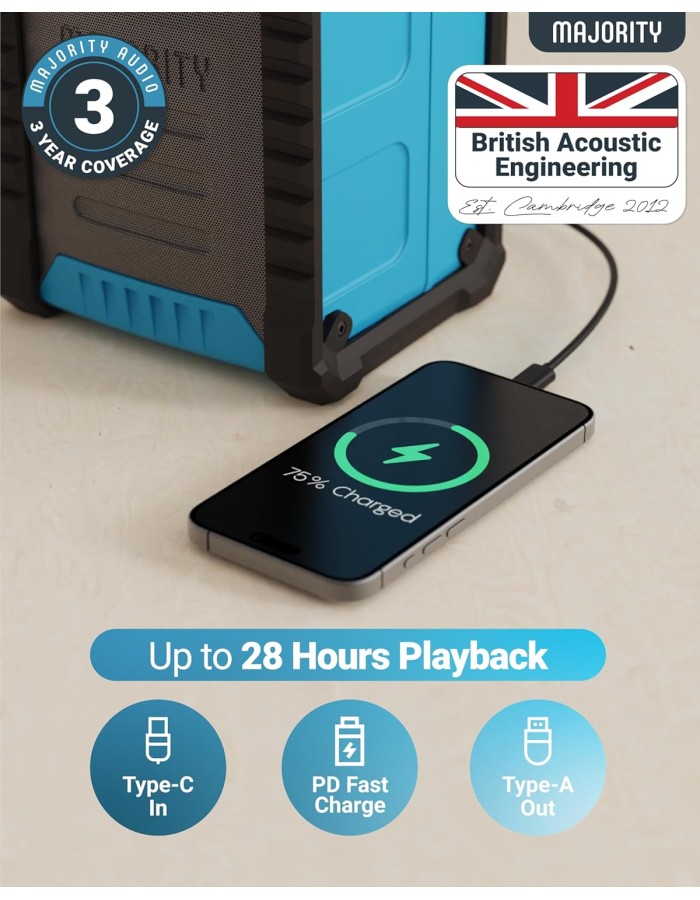 Majority LANDBEACH Portable Rugged Speaker FM-BT IP65 Waterproof 20hr Battery with PowerBank function