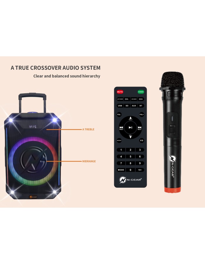 N-Gear FLASH1040 10'' Portable Karaoke Speaker with 1x Wireless Mic LED Lights USB & BT