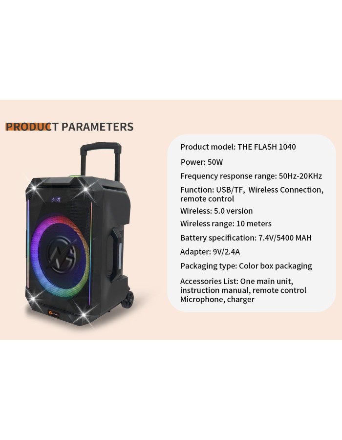 N-Gear FLASH1040 10'' Portable Karaoke Speaker with 1x Wireless Mic LED Lights USB & BT