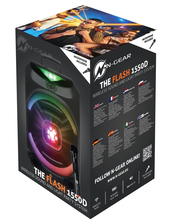 N-Gear FLASH1550 15'' Portable Karaoke Disco Speaker with Wireless Mic BT USB & LED Effects