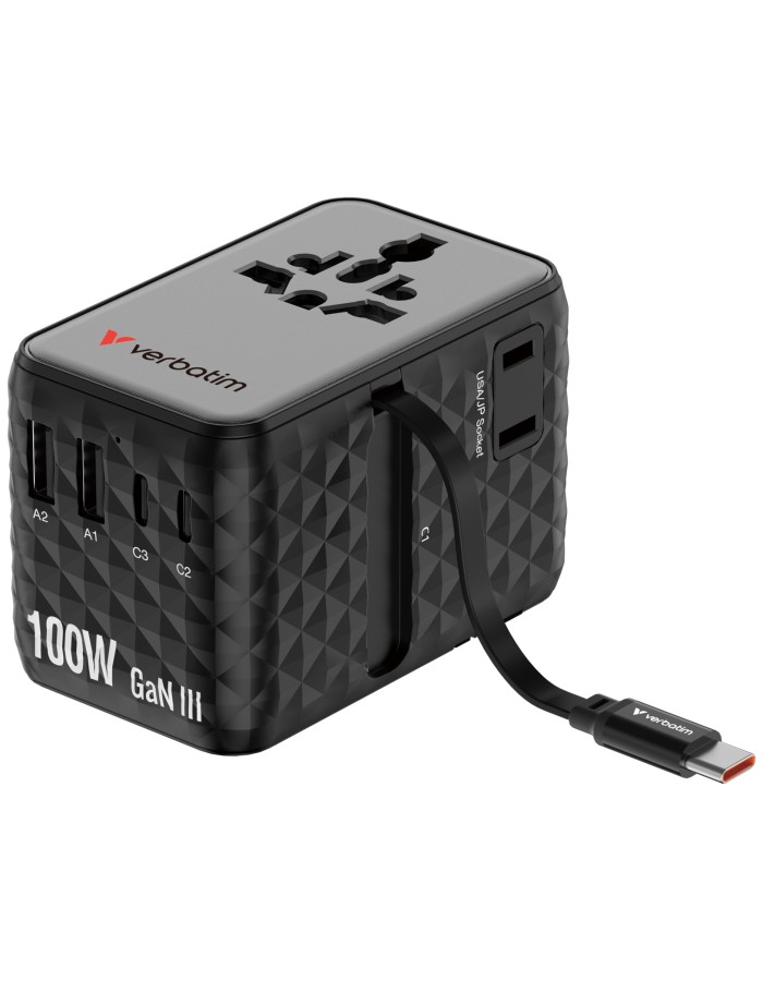 Verbatim Charger Travel Adapter 100W 2xC 2xA 1xRetractable USB-C Black Verbatim Charger Travel Adapter 100W 2xC 2xA 1xRetractable USB-C Black