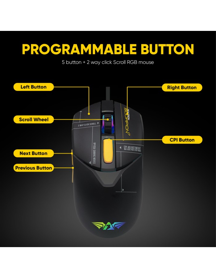 Armaggeddon SCORPION 7 Lite Wired Programmable RGB Gaming Mouse 12800 CPI