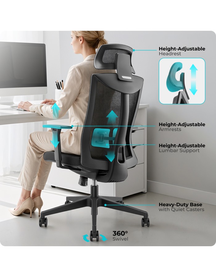 Lumivida Office Chair Ergonomic Mesh Lumbar Support Adjustable Seat/Armrest/Headrest Black CH05-8