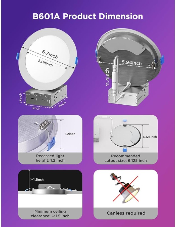 Govee B601B Smart Recessed Lights (2 Pack) 4'' Wi-Fi & BT RGBWW 850 Lumen with Junction Box