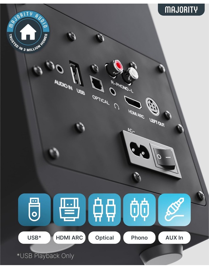 Majority Speakers Active D70X 70W 2.0 BT/USB/Phono/HDMI ARC Black (pair) Majority Speakers Active D70X 70W 2.0 BT/USB/Phono/HDMI ARC Black (pair)