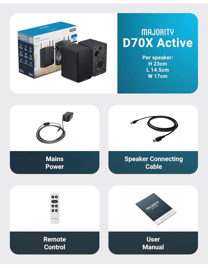 Majority Speakers Active D70X 70W 2.0 BT/USB/Phono/HDMI ARC Black (pair) Majority Speakers Active D70X 70W 2.0 BT/USB/Phono/HDMI ARC Black (pair)