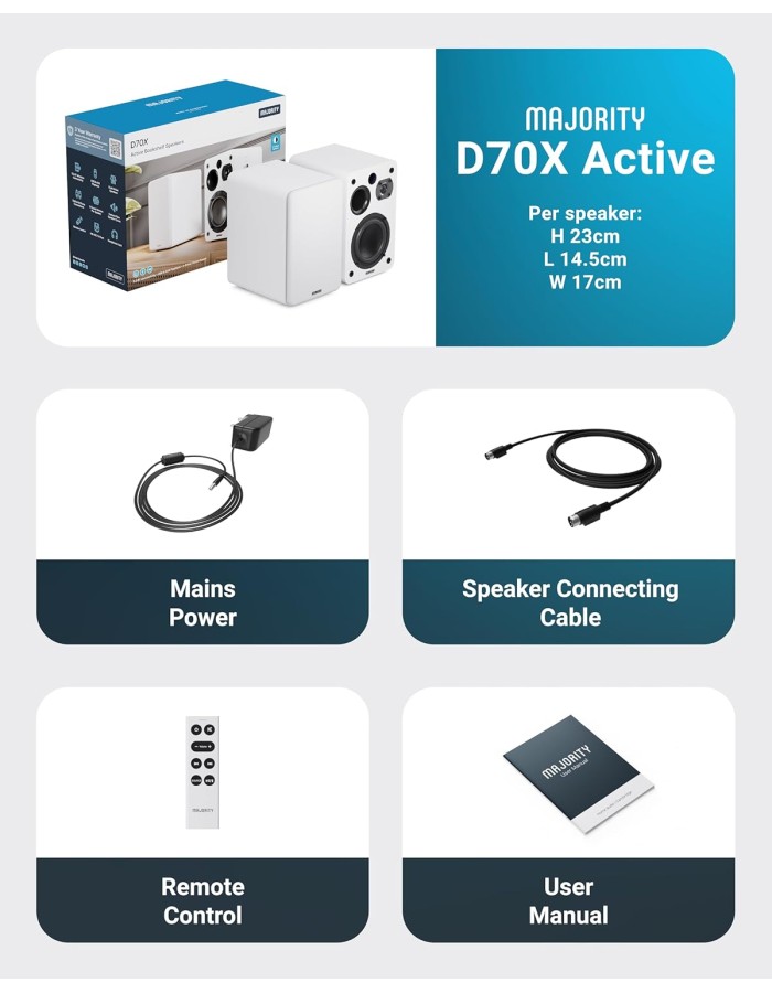 Majority Speakers Active D70X 70W 2.0 BT/USB/Phono/HDMI ARC White (pair) Majority Speakers Active D70X 70W 2.0 BT/USB/Phono/HDMI ARC White (pair)