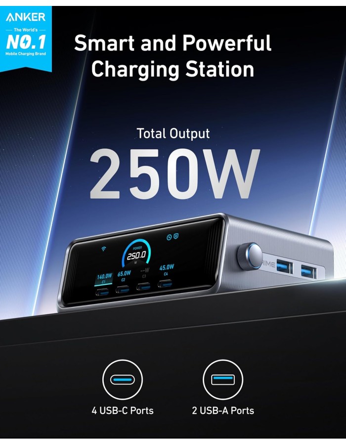 Anker Prime 250W USB C Charger, Ultra-Fast 6-Port GaN Charging Station, 2.26" LCD Display and Smart Control Dial Black Anker Prime 250W USB C Charger, Ultra-Fast 6-Port GaN Charging Station, 2.26" LCD Display and Smart Control Dial Black