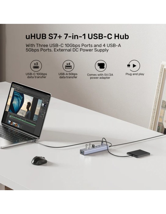 Unitek H1335A 7-Port USB-C Hub with 3xUSB-C 4xUSB-A & Power Supply Unitek H1335A 7-Port USB-C Hub with 3xUSB-C 4xUSB-A & Power Supply