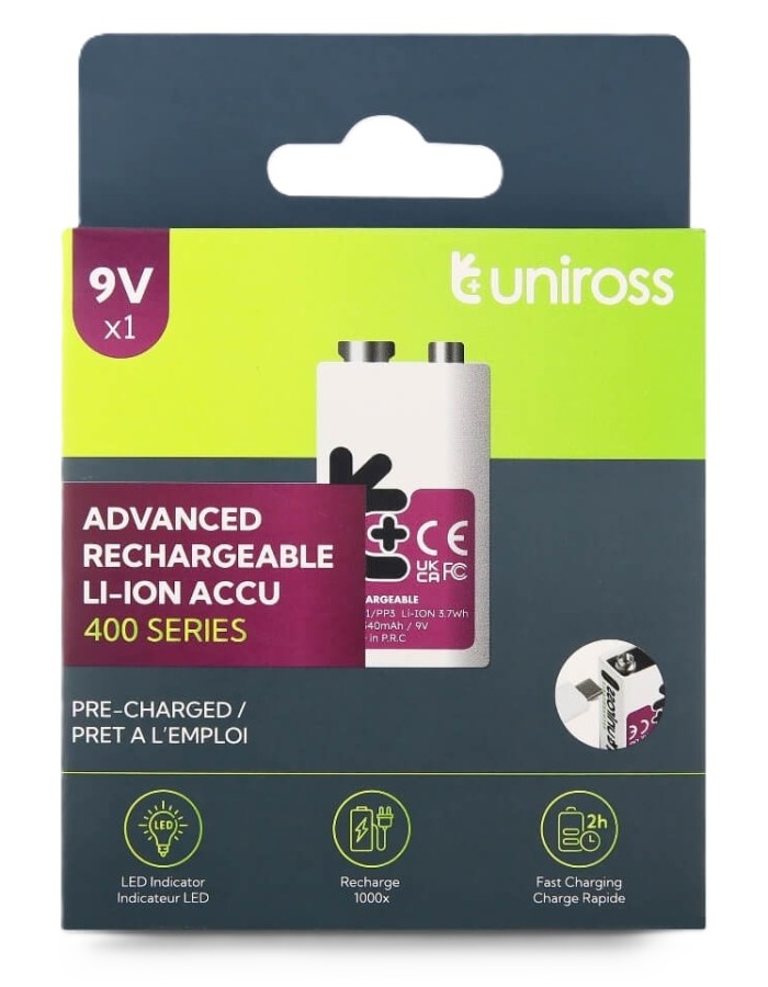 Uniross USB-C Rechargeable Lithium 9V Battery 400mah (1pc) Uniross USB-C Rechargeable Lithium 9V Battery 400mah (1pc)