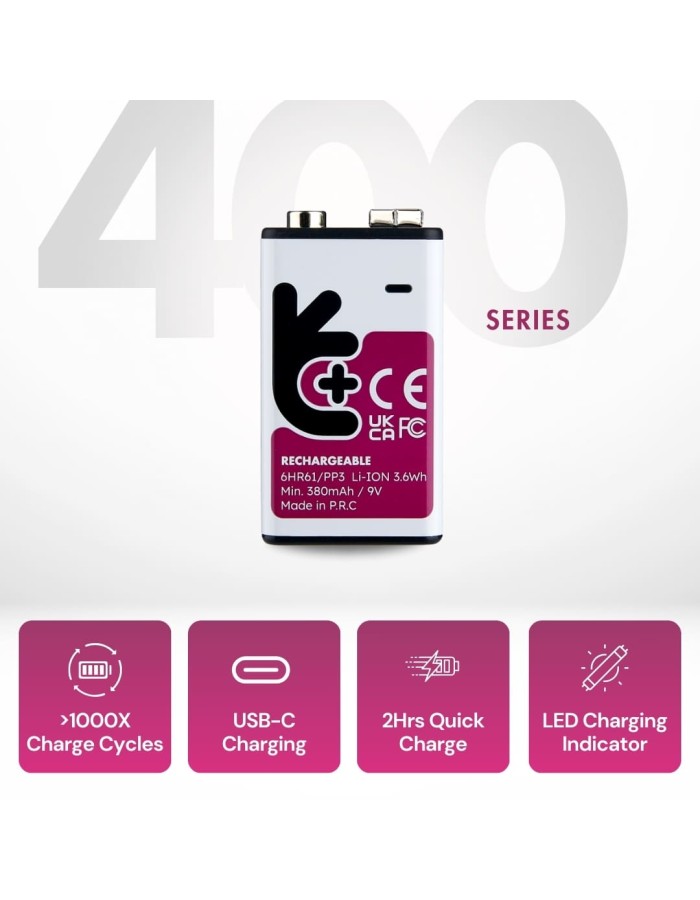 Uniross USB-C Rechargeable Lithium 9V Battery 400mah (1pc) Uniross USB-C Rechargeable Lithium 9V Battery 400mah (1pc)