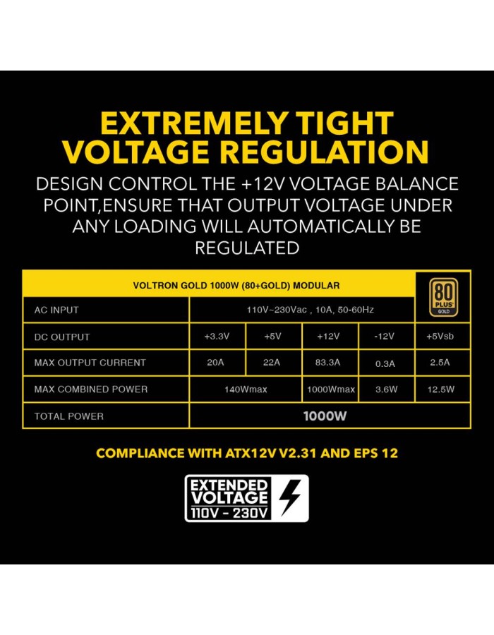 Armaggeddon VOLTRON GOLD 1000 Certified 1000W Modular Gaming Power Supply Armaggeddon VOLTRON GOLD 1000 Certified 1000W Modular Gaming Power Supply
