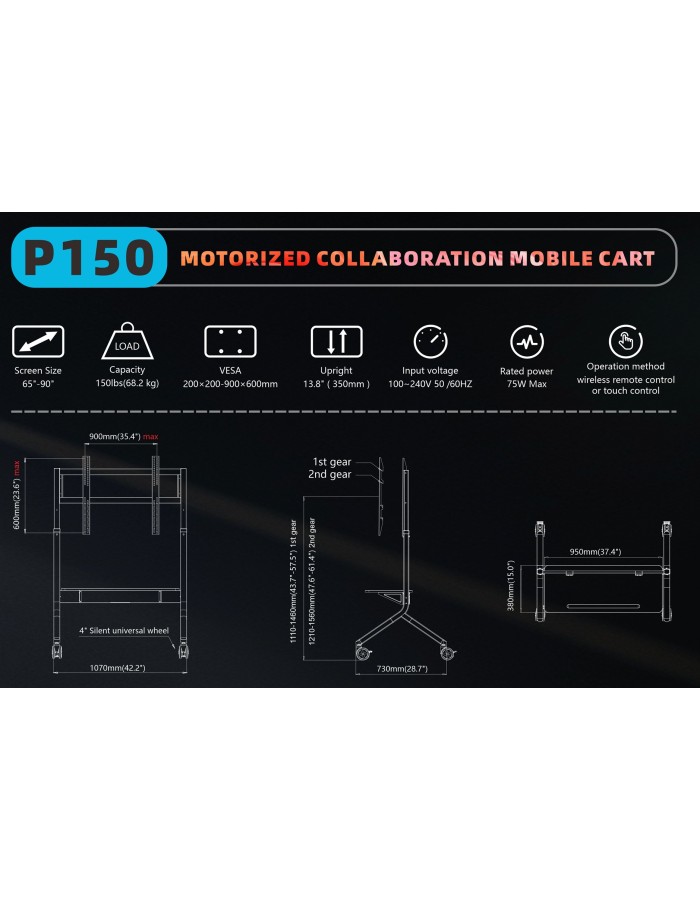 NBMounts P150 Motorized Trolley Adjustable up to 1.5m VESA 90x60 up to 90'' & 68kg
