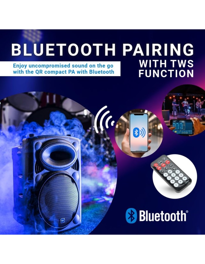 QTX QR12PA 12'' Professional Portable Karaoke & PA Speaker with 2x Wireless Microphones, Bluetooth USB & FM 178.847UK