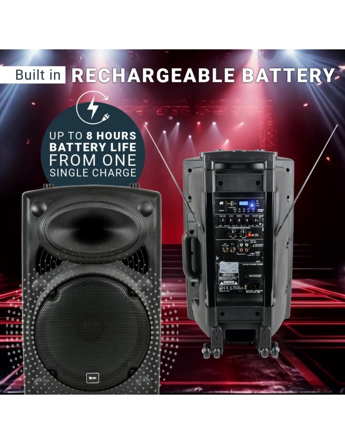 QTX QR15PA 15'' Professional Portable Karaoke & PA Speaker with 2x Wireless Microphones, Bluetooth USB & FM 178.848UK