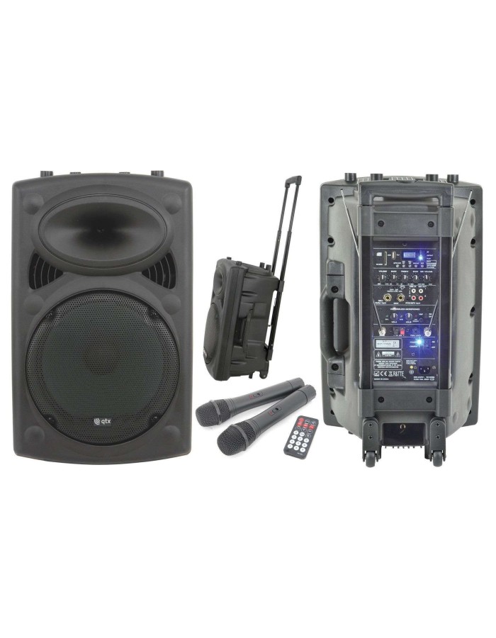 QTX QR12PA 12'' Professional Portable Karaoke & PA Speaker with 2x Wireless Microphones, Bluetooth USB & FM 178.847UK